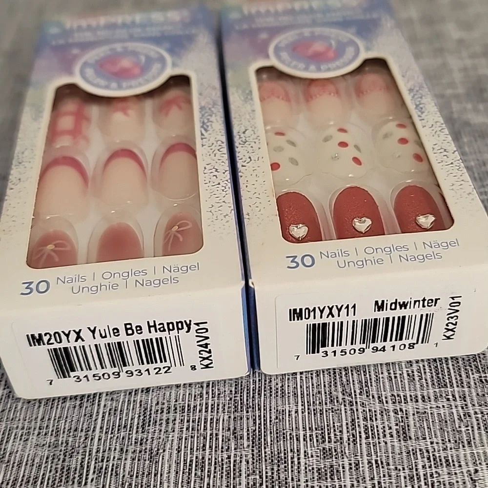 2 imPRESS Press On Nail Sets Winter Snowman Hearts Pink Red New